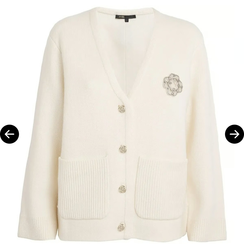 Maje Cream Cardigan Sweater with V-Neck and Ribbed Knit